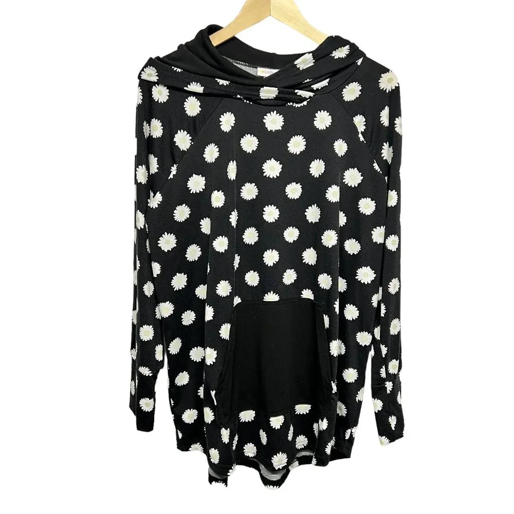 LulaRoe Black Daisy Flower Print Hoodie Size XL Light Weight
